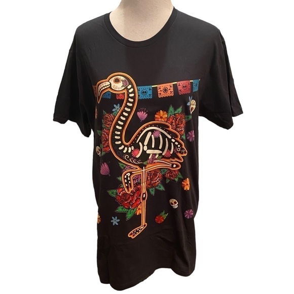 Sugar Skull Mexican Flamingo Bone Halloween Day Of Dead Black T-Shirt  NEW. SZ L - Picture 1 of 12